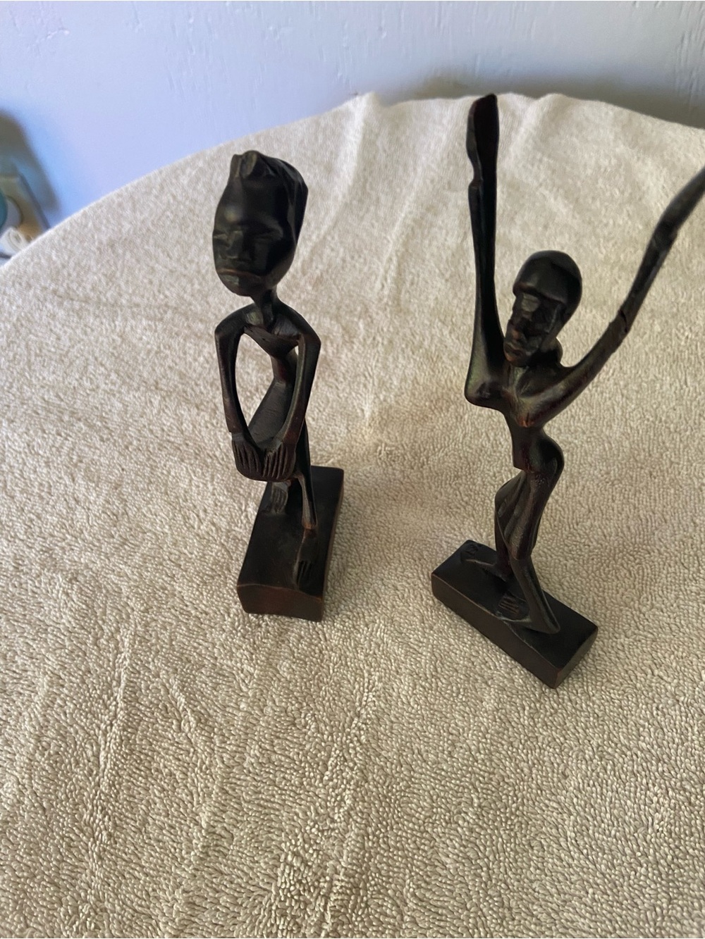 Hand-Carved Dark Brown Wooden Figurine Pair - Sculptural Home Art